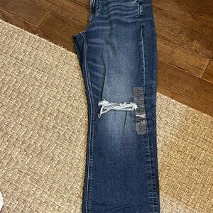 American Eagle Outfitters Dark Blue Straight Leg Jeans with Distressed Knee
